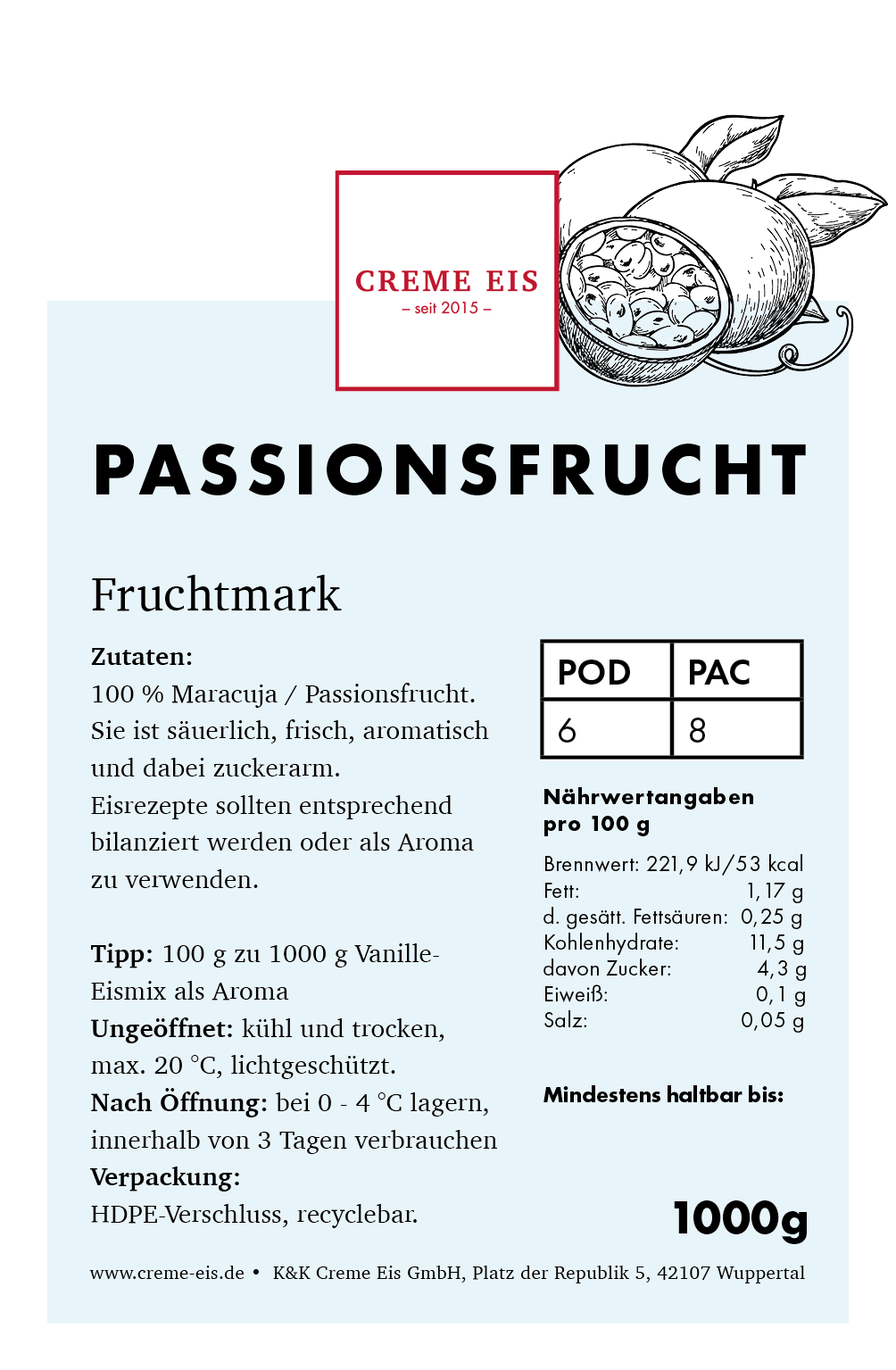 Maracuja 1kg 100% Fruchtmark